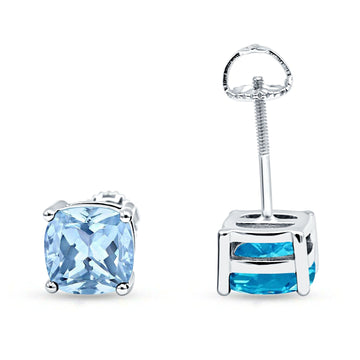 Solitaire Screw Back Stud Earring Excellent Cushion Cut Simulated Aquamarine CZ Solid 925 Sterling Silver